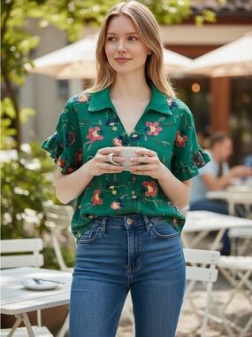Dashing Green Floral Embroidered Button Down Shirt